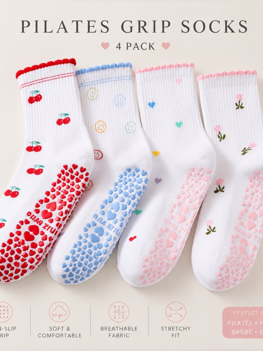 4-Pack Aesthetic Pilates Grip Socks